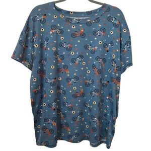 Joy spun Women's XL Blue Bicycle Sunflower Leaf Print Short Sleeve T Shirt Top
